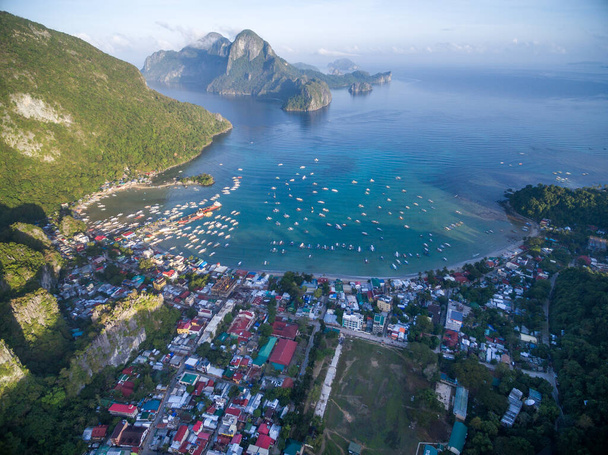 El Nido Landscape and Nature. Seascape with Boats in Background. Palawan, Philippines. Drone Point of View - Фото, зображення