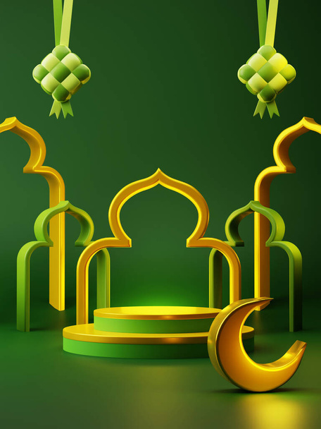 3d representación Hari Raya Rmandan exhibición de productos de podio con mezquita y elemento decorativo islámico. Campaña publicitaria de promoción de lujo tema venta - Foto, imagen
