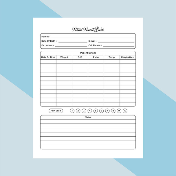 Nurse medical report notebook KDP interior. Patient medical report and health condition checker interior. KDP interior log book. Nurse report tracker and patient medication journal template. - Vektor, obrázek