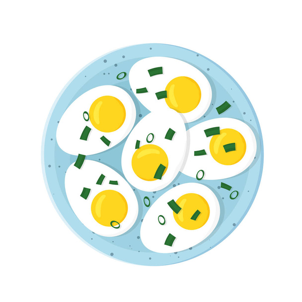 gekochte Eier mit Schnittlauch auf einem Teller halbiert - Vektorillustration - Vektor, Bild