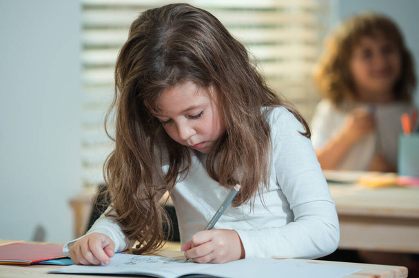 Concentrated schoolgirl sitting at desk and writing in exercise book with classmate sitting behind - Φωτογραφία, εικόνα