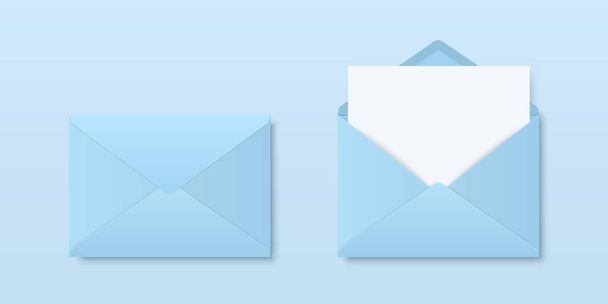 Vector Realistic Blank Blue Closed, Opened Envelopes with Letter Inside. Folded, Unfolded White Envelope Icon, Mockup Set Closeup Isolated. Message, Alert, Congratulations, Surprise, Secret Concept. - Vecteur, image