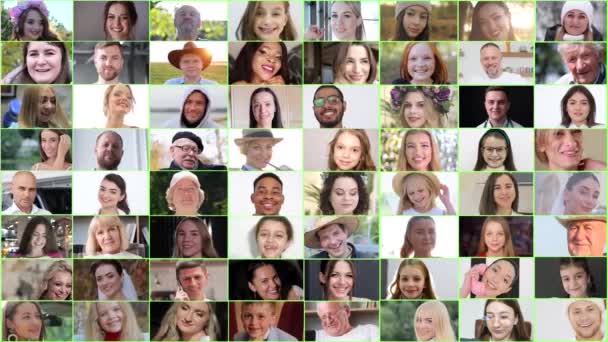 Multiethnic people of different ages looking at photo. Collage, mosaic, horizontal banner. Many positive people of different groups. Portraits with smiling faces. - Filmagem, Vídeo