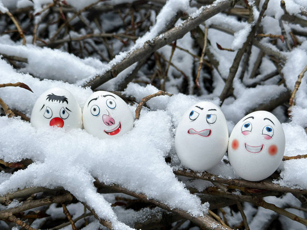 Funny eggs. Faces on eggs. Eggs in a winter scenery - Foto, Imagem