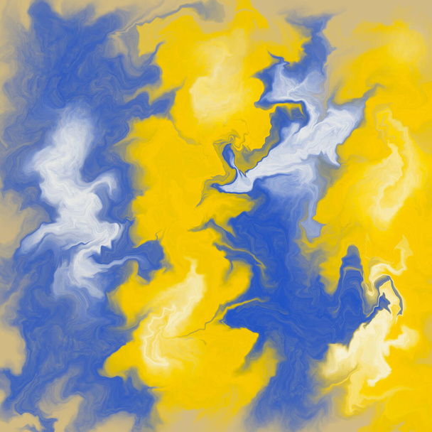 Une peinture de fond en marbre avec des tourbillons jaunes et bleus - Photo, image