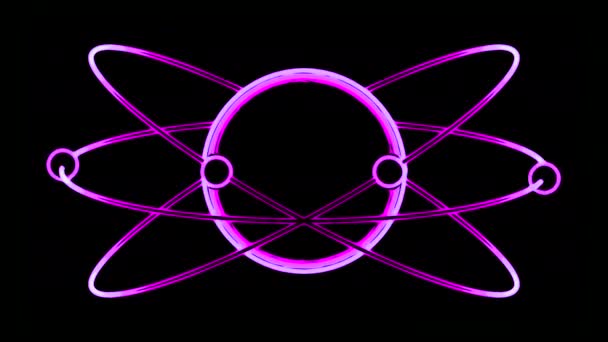 Animatie van bewegende deeltjes in een baan rond een atoom. Ontwerp. Eenvoudige animatie met bewegende elektronen rond atoom. Traject van elektronen rond atoom op zwarte achtergrond.  - Video