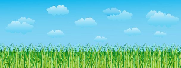 Бесшовный весенний пейзаж с травянистым полем, небом и облаками. Копирование фона пространства, бесшовная граница, вектор. - Вектор,изображение