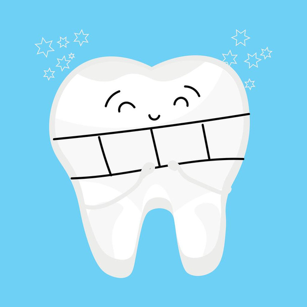 Cute tooth with dental braces on light blue background - Vector, afbeelding