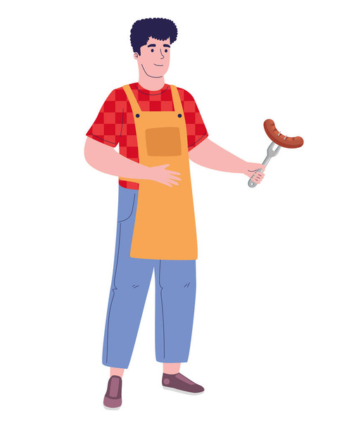 man with sausage in fork character - Vettoriali, immagini