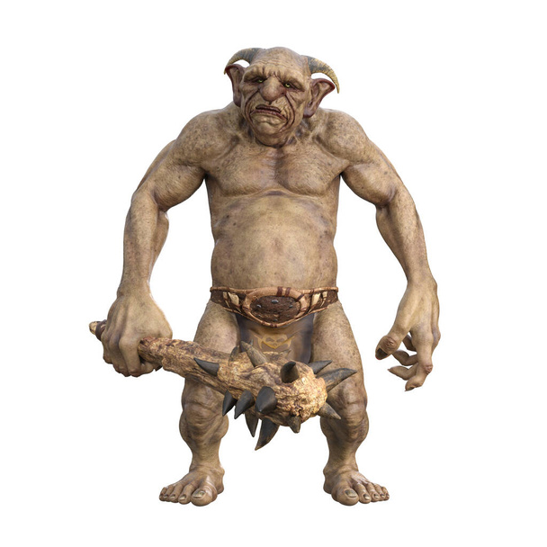 Fantasy troll with green skin and horns, standing with club weapon in hand. Isolated 3D illustration. - Fotó, kép