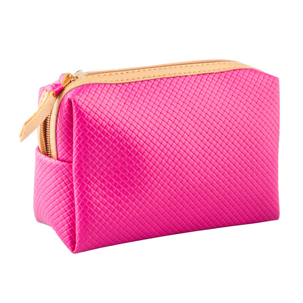 Stylish bright pink cosmetic bag on a white background. - Photo, Image