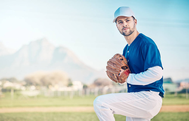 Sports athlete, baseball field and man focus on competition mock up, practice match or pitcher training workout. Softball, grass pitch and mockup player doing fitness, exercise or pitching challenge. - Photo, Image