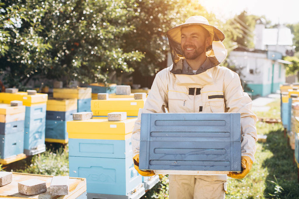 Счастливый пчеловод в защитном костюме держит улей на пасеке. - Фото, изображение