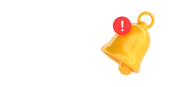 Yellow notification bell with exclamation mark message sign on white background, copy space and clipping path. Minimal 3D rendering alert concept for social media element. Simple alarm phone reminder. - Photo, Image