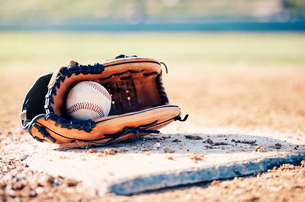 Sports, baseball and ball in glove on field ready for game, practice and competition outdoors. Fitness mockup, sport copy space and softball equipment on ground for exercise, training and workout. - Foto, immagini