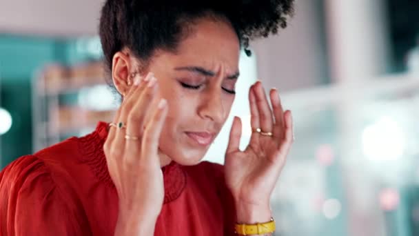 Headache, stress and burnout with a business black woman at work in her office on a project deadline. Mental health, pain and migraine with a female employee suffering from fatigue while working. - Záběry, video