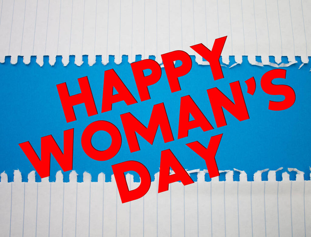 Happy Woman 's Day text s roztrhané, zmačkané bílé knihy na barevném pozadí. - Fotografie, Obrázek