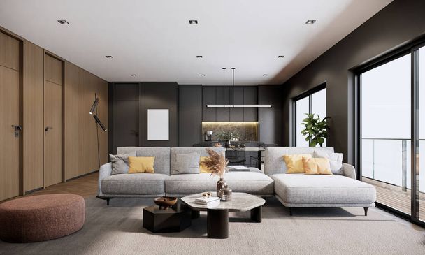 modern room interior 3D rendering architectural. living room with sofa wood walls and parquet floor. beautiful apartment design. - Fotó, kép
