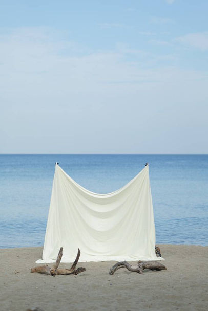 empty beach chairs on the sandy shore of the sea - Φωτογραφία, εικόνα