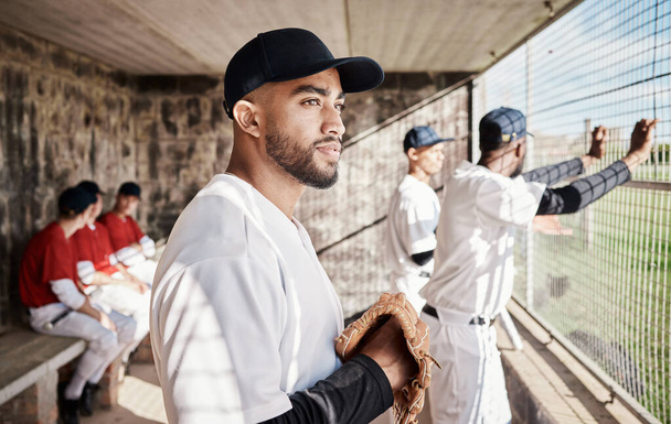 Baseball, sports and man with team in stadium watching games, practice match and competition on field. Fitness, teamwork and male athlete in dugout waiting for exercise, training and sport workout. - Photo, Image