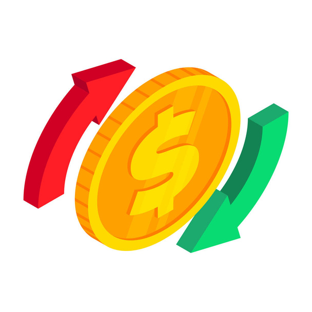 Isometric dollar exchange icon. Gold USA coin with arrows. 3d Cash, american currency, investment and banking concept, money exchange symbol with circle arrows. 3d Vector dollar currency exchange. - Vecteur, image
