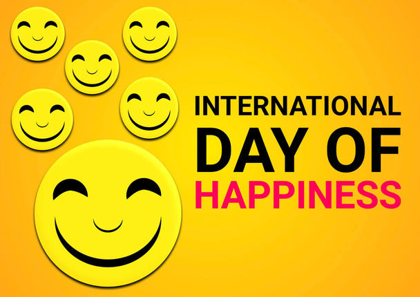 Tekst Międzynarodowego Dnia Szczęścia z uśmiechniętą ikoną twarzy na żółtym tle. 3D ilustracja - Zdjęcie, obraz
