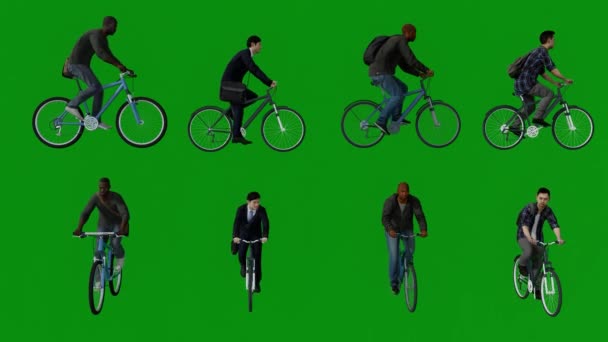 3D 4つの異なるサイクリスト従業員ジプシーバッグで運転緑の背景画面と4K品質でいくつかの異なるビューから見て回る - 映像、動画