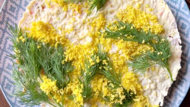 A beautifully decorated spring Mimosa salad, seen from above. - 映像、動画
