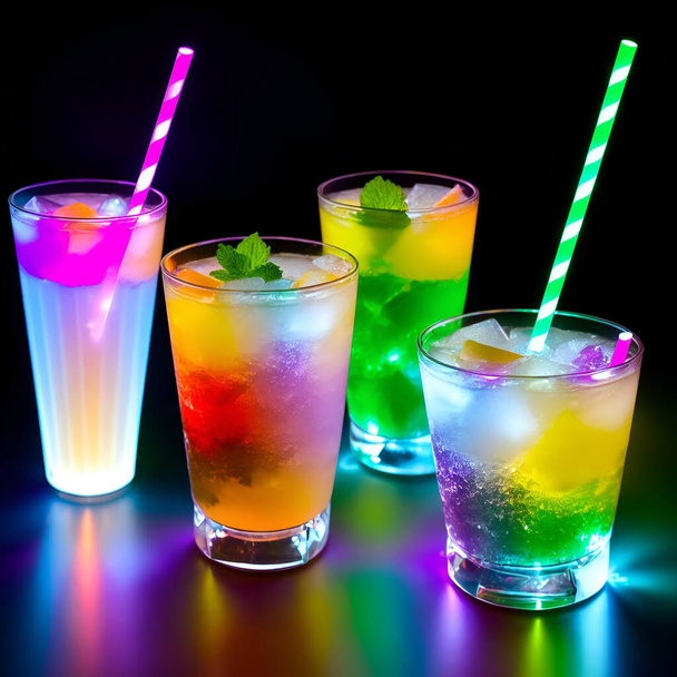 Glasses with colorful cocktails decorated with orange and lemon slices. Multicolored summer drinks.  - Fotoğraf, Görsel