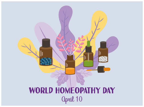 Światowy Dzień Homeopatii z butelkami homeopatycznych leków otoczonych roślinami - Wektor, obraz