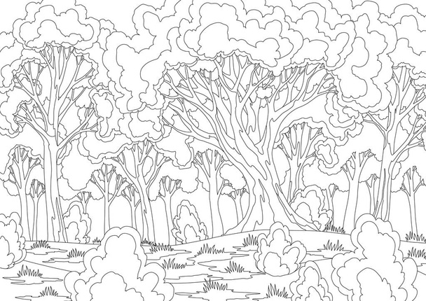 Cartoon forest landscape with deciduous trees, grass, bushes coloring style. Daytime scenery summer or spring, natural scene. Cartoon strong tree trunks. Vector wild flora. - Wektor, obraz