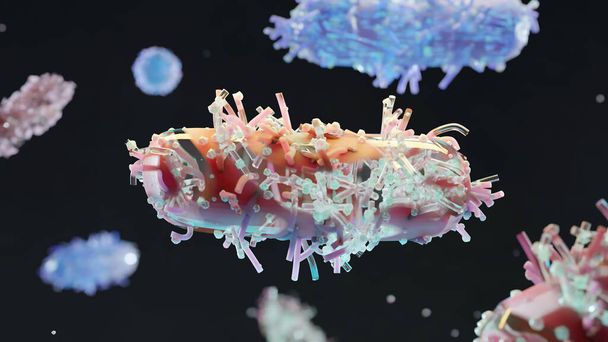 鞭毛が多く、尾の長い細菌や黒い環境で動く細いビリ、液体空間に浮かぶウイルス、微生物感染、マイクロビリ、 3Dレンダリング - 写真・画像