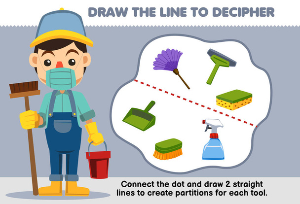 Εκπαίδευση παιχνίδι για τα παιδιά βοήθεια επιστάτη σύρετε τις γραμμές για να διαχωρίσει τον εξοπλισμό καθαρισμού εκτυπώσιμο φύλλο εργασίας εργαλείο - Διάνυσμα, εικόνα