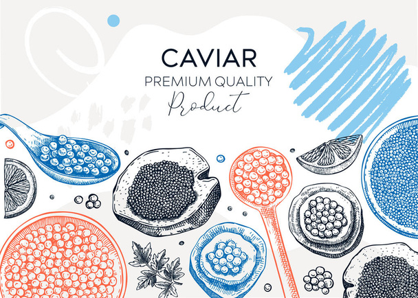 Seafood background design with red caviar canape, canned black caviar, lemons in collage style. Sea delicacy banner template or restaurant menu or finger food party. Canned fish hand drawn sketches - Wektor, obraz