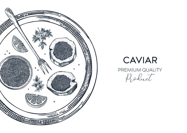 Black caviar background in sketched style. Seafood platter for restaurant menu or finger food party. Hand-drawn tray with tin can, black caviar canapes, lemons and spices sketches isolated on white - Vektör, Görsel