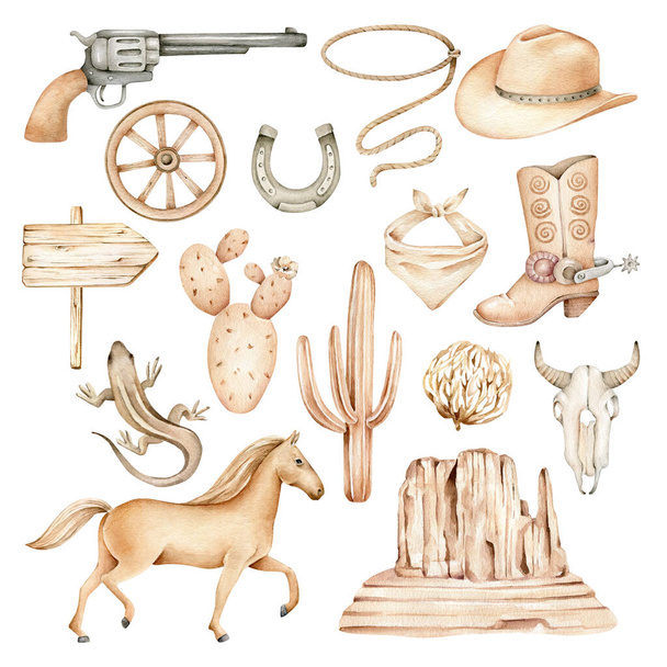 coleção vintage desenhada à mão de cowboy com animais, coisas velhas. ilustração aquarela em estilo esboço - Foto, Imagem