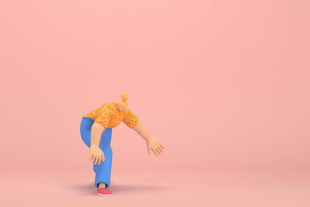 The woman with golden hair tied in a bun wearing blue corduroy pants and Orange T-shirt with white stripes.  She is doing exercise. 3d rendering of cartoon character in acting. - Фото, изображение