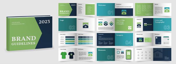 Multi-purpose Brand Guidelines template. Brand Manual presentation mockup. Green and Blue Logo Guideline template. Logo Guide Book layout. Logotype presentation for construction company. - ベクター画像