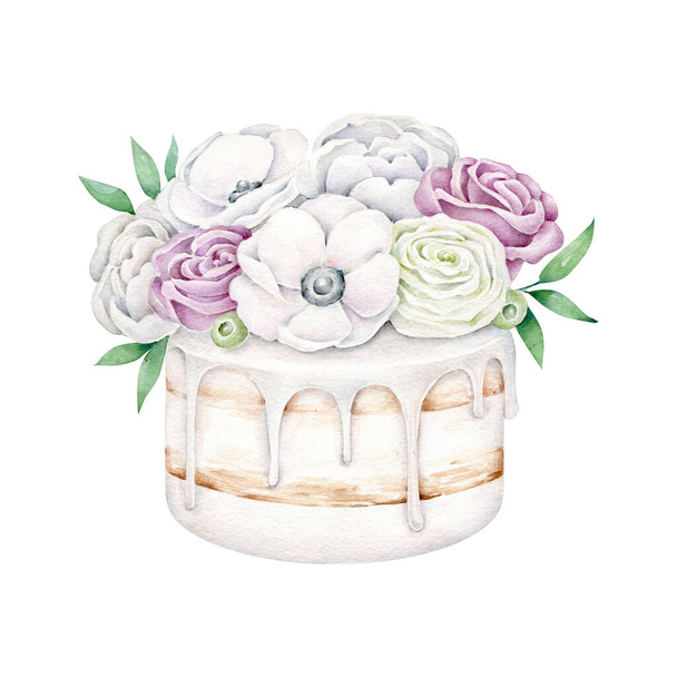 watercolor illustration of cake with flowers, isolated on white background - Zdjęcie, obraz