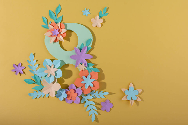 International Womens Day 8 March greeting card from flowers. Paper cut in pastel color - Φωτογραφία, εικόνα