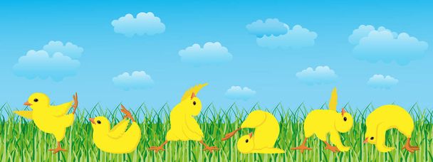 Pollos alegres en una pose de yoga en un paisaje primaveral con cielo y nubes. Tarjeta infantil, ilustración, vector. - Vector, Imagen
