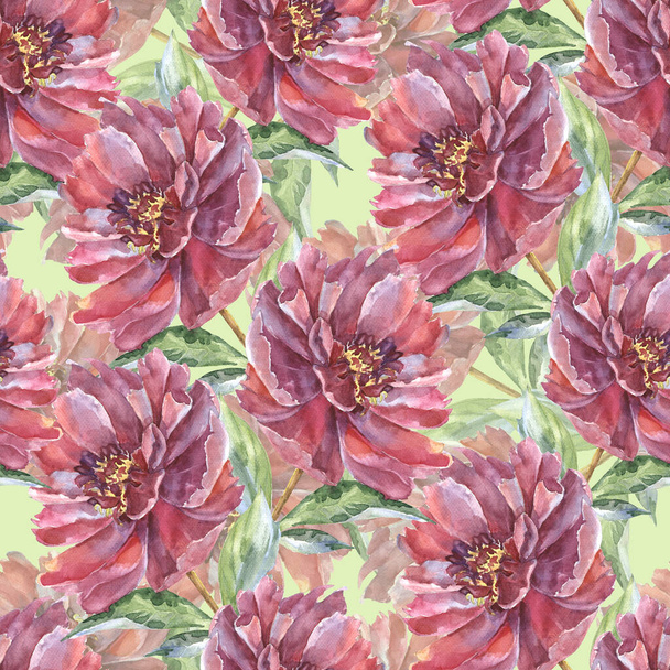 Watercolor seamless pattern with peonies on green background. - Fotografie, Obrázek