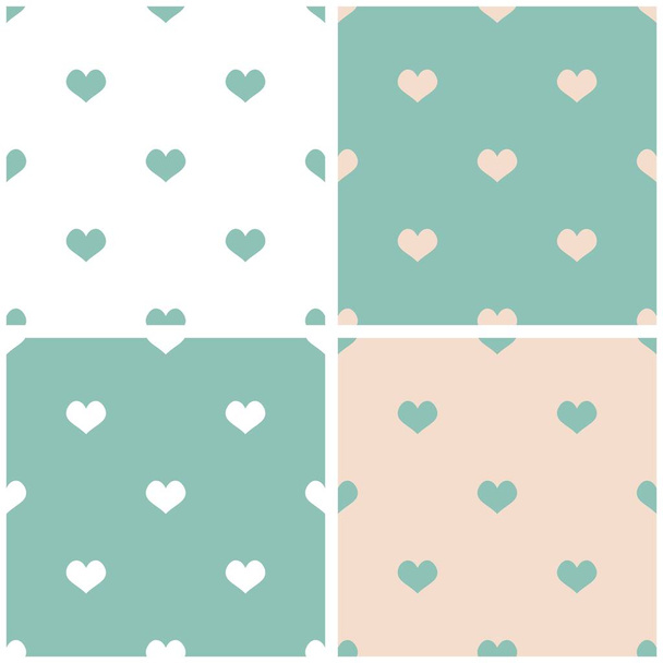 Tile pastel hearts vector background set. Full of love white and mint green pattern for valentines desktop wallpaper - Vektör, Görsel