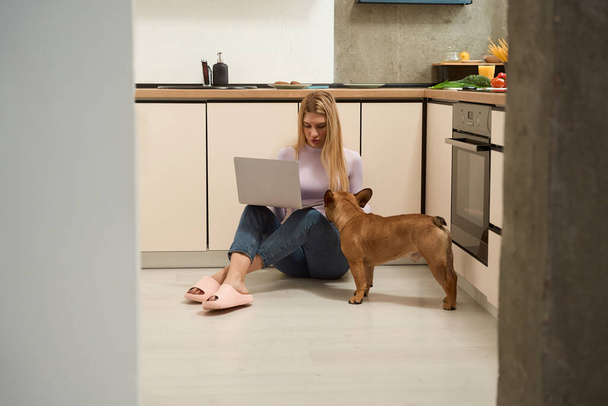 Serious concentrated female seated on floor working on portable computer in presence of her pet - Фото, зображення