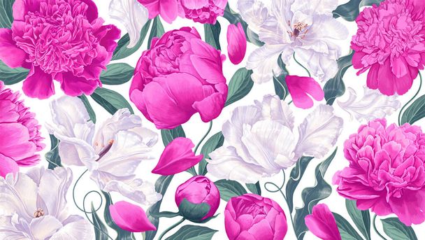 Realistic vector tulips and pink peonies desktop wallpaper for computers, laptops, tablets. Highly detailed pink and white spring flowers with leaves, petals for your design, posters and social media  - Vector, imagen