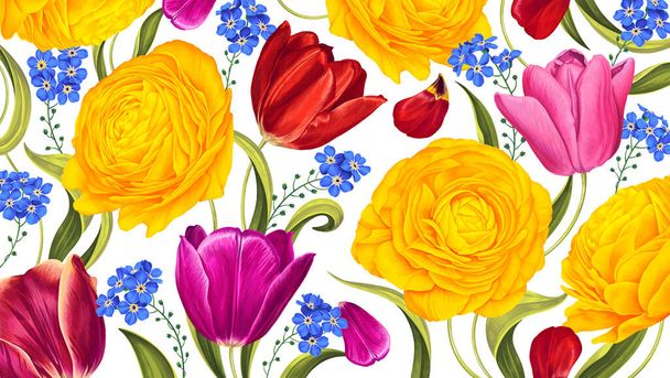 Floral background with bright spring May flowers. Yellow Ranunculus and colorful Tulips. Hand-drawn vector realistic flowers. Template for postcards, advertising banners, clothing prints. - Вектор, зображення