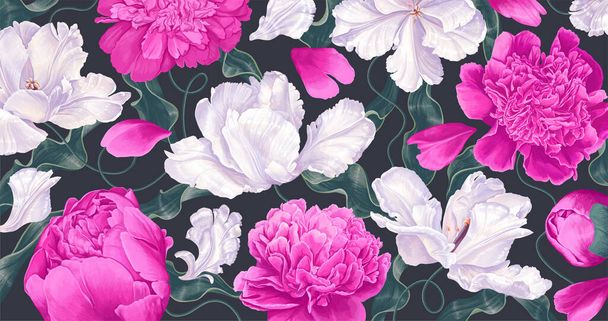 Spring background realistic white and pink tulips and peonies. Detailed vector hand-drawn inflorescences, petals and leaves for wallpapers, banners, social networks, personal blogs, clothing prints - Vector, imagen