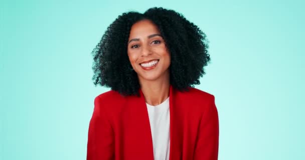 Happy, smile and business with black woman in studio for professional, executive and confidence. Elegant, satisfaction and happiness with portrait of girl and red lipstick for empowerment and pride. - Footage, Video