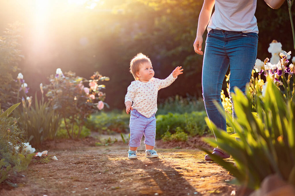 Милый маленький ребенок смотрит на свою маму и протягивает ей руку. На заднем плане летний сад и цветущие кустарники. С Днем защиты детей!. - Фото, изображение