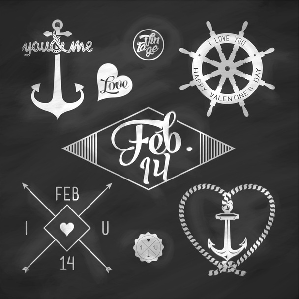 Vintage Nautical Valentine's Day Set On Blackboard - Photo, Image